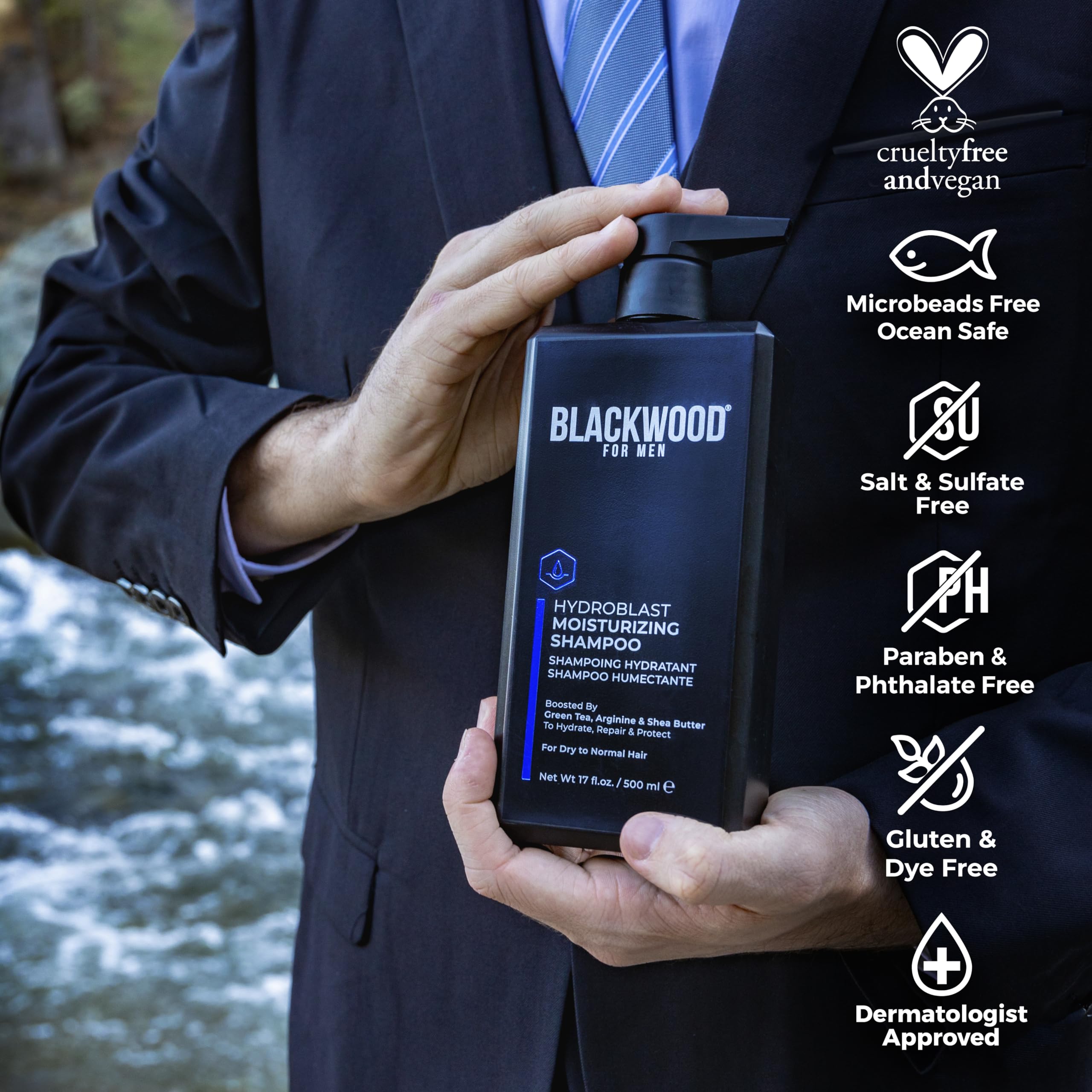 Blackwood For Men Hydroblast Moisturizing Shampoo - Men's Shampoo for Coarse, Dry, & Curly Hair - Infused with Ginseng & Ginger- Natural Vegan Formula -Sulfate Free, Paraben Free & Cruelty Free(17 Oz)