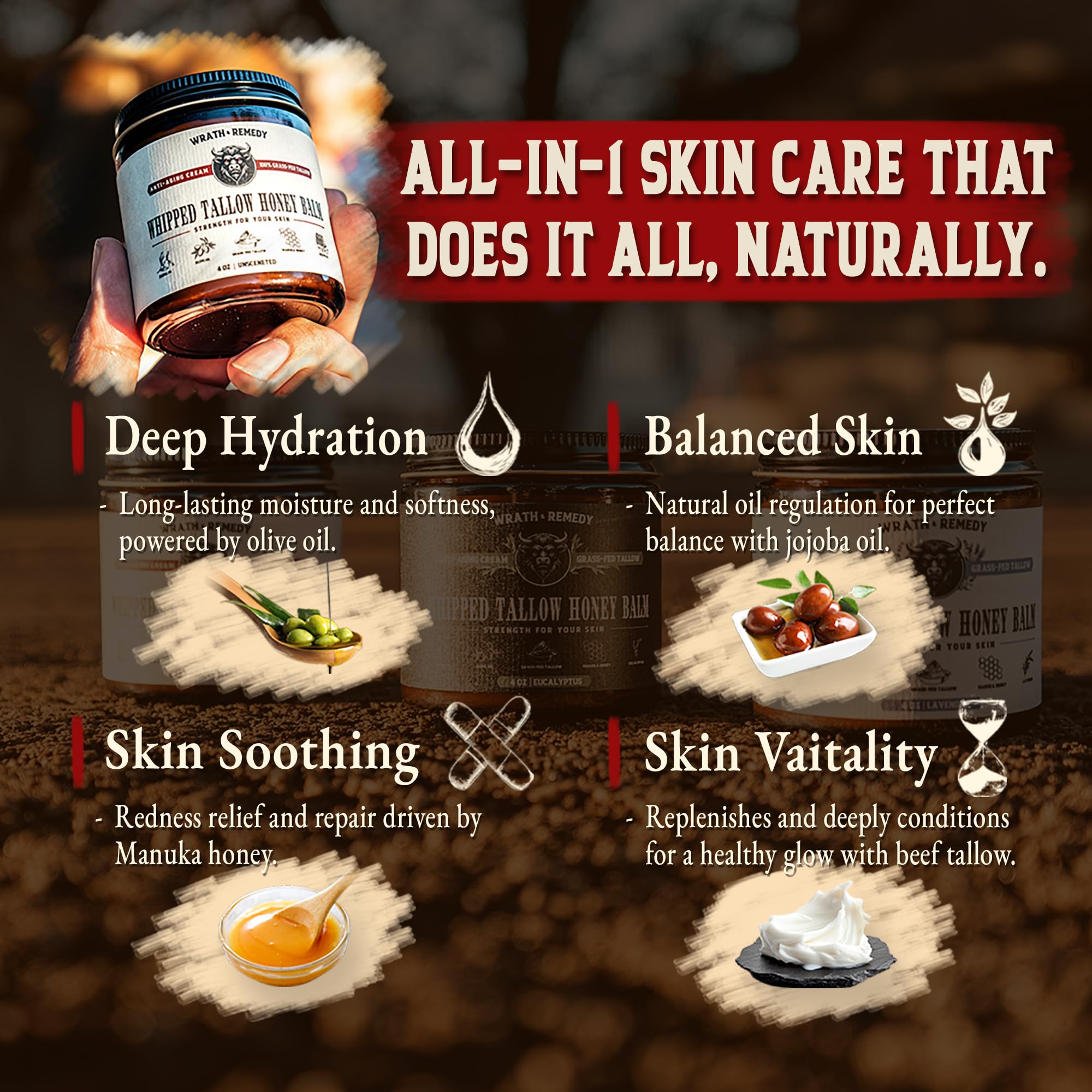 Wrath & Remedy Handmade Whipped Organic Beef Tallow for Skin - 4 OZ (Unscented) — Grass Fed Beef Tallow Moisturizer and Honey Balm for Silky, Sensitive-Skin, Eczema, Rosacea - Free of Harsh Chemicals