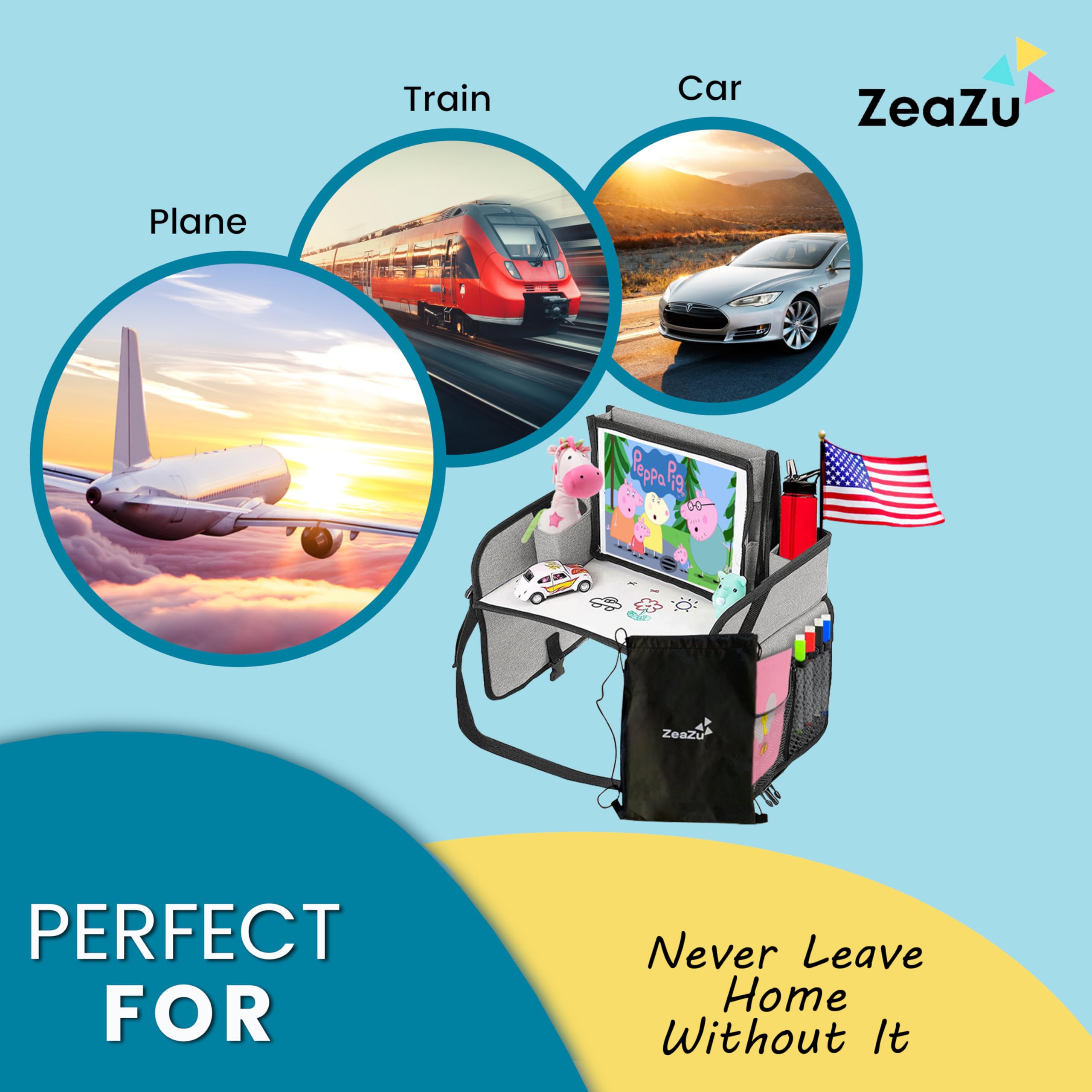 ZEAZU Kids Travel Tray - Foldable Toddler Lap Desk with Dry Erase Board, Car Seat Tray for Toddler, Waterproof Lap Tray for Airplane Kids Travel Essentials for Road Trip Activities, Silver