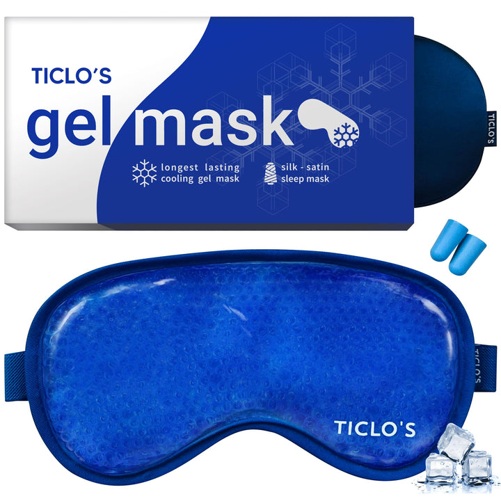 Ticlo's Gel Eye Mask - Cooling Ice Cold Compress Pad - Relax & Massage Your Tired Puffy Eyes Headaches Face & Dark Circles - Bonus Silk Sleep Mask