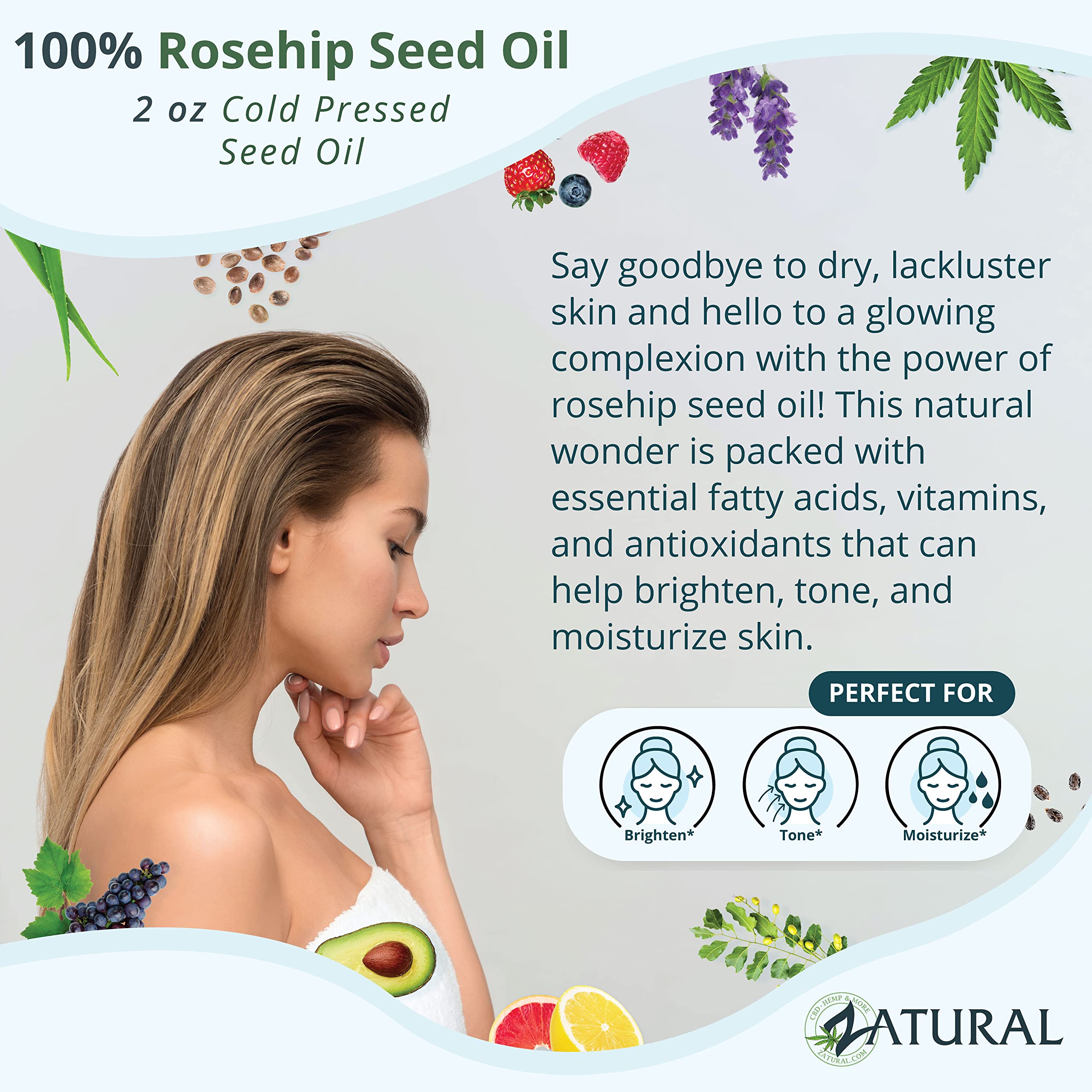 Zatural 8 Oz: Rosa Canina - Organic Rosehip Oil For Face, Nails, Hair And Skin - Cold Pressed Rose Hip Oil (8 Oz)