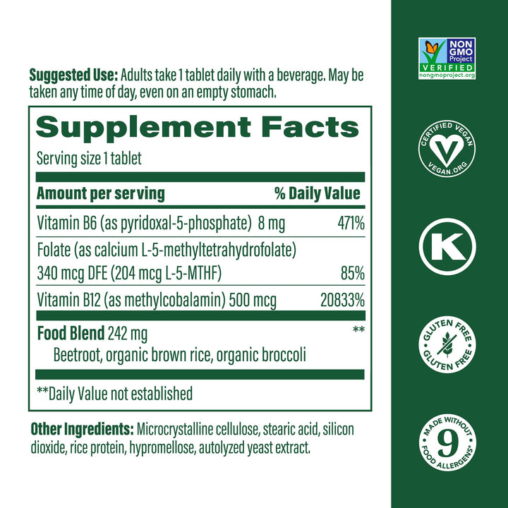 MegaFood Methyl B12 - Vegan - Includes Methyl Folate, Vitamin B12 & B6 - Supports Cellular Energy Production, Nervous System Health & Cardiovascular Function - 90 Tablets