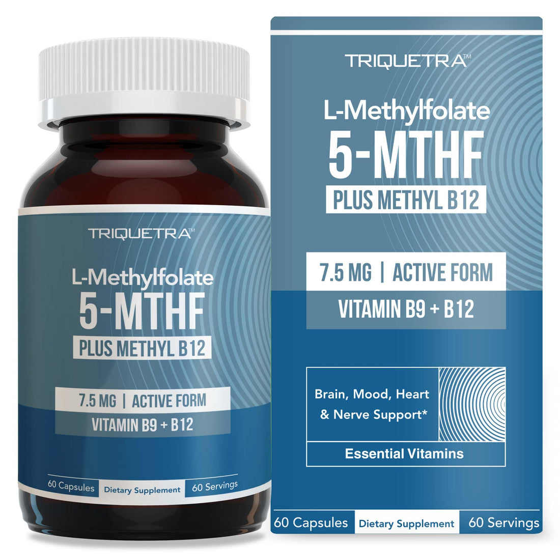 L Methylfolate 7.5mg plus Methyl B12 - Active 5-MTHF Form, MTHFR Supplement - Bloodstream Ready Methylated Folate + B12 Cofactor - Supports Mood, Homocysteine Methylation, Cognition (60 Capsules)