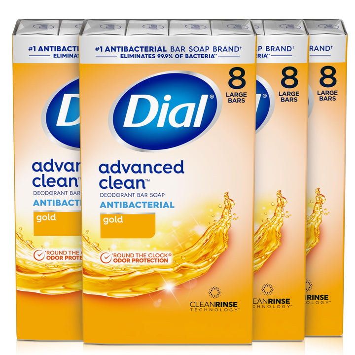 Dial Antibacterial Deodorant Bar Soap, Advanced Clean, Gold, 4 Oz, 32 Bars