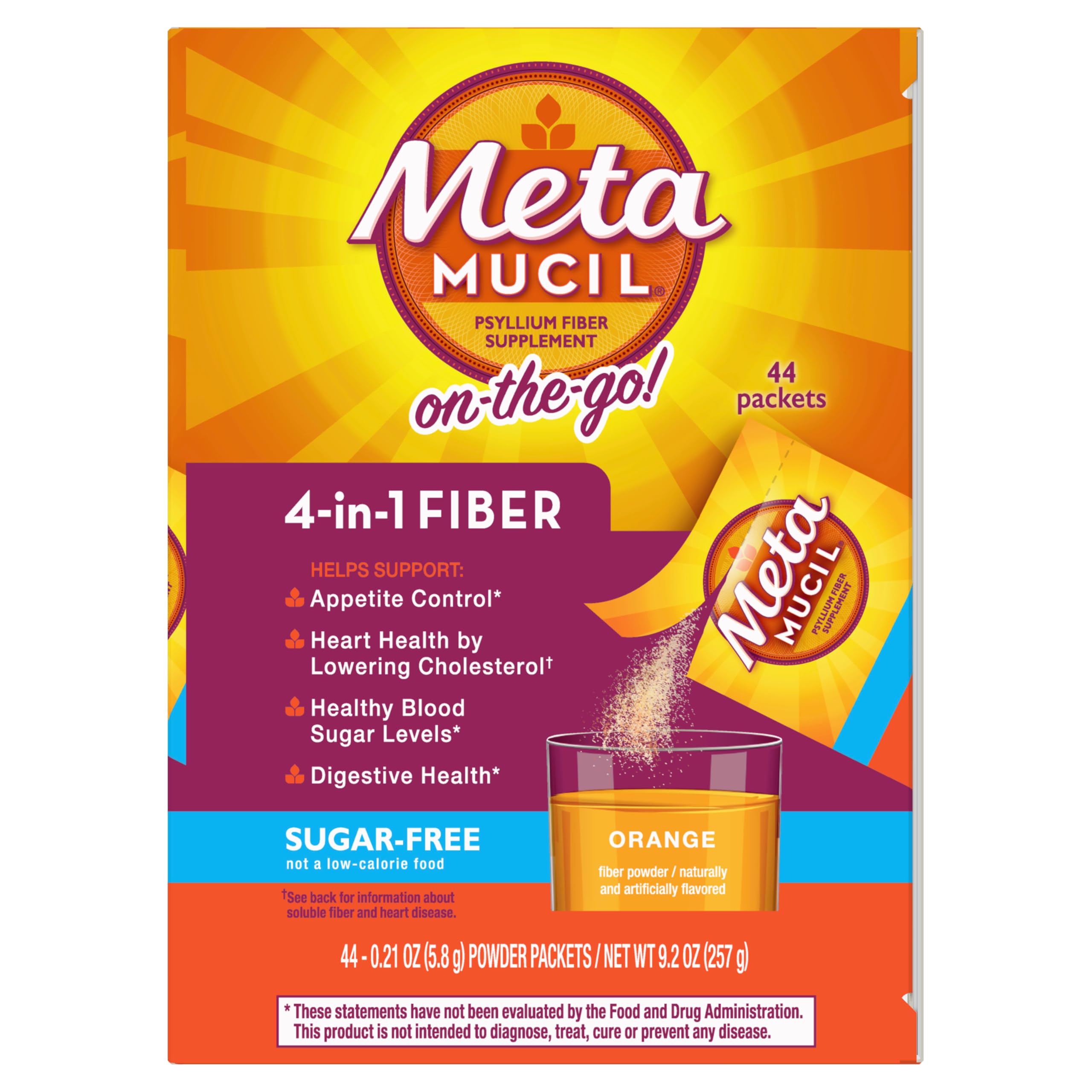 Metamucil On-The-Go, Daily Psyllium Husk Powder Supplement, Sugar-Free Powder, 4-in-1 Fiber for Digestive Health, Orange Flavored Drink, 44 Packets