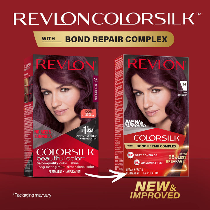 Revlon ColorSilk with Bond Repair Complex, Burgundy Permanent Hair Color, 100% Gray Coverage, Ammonia Free Hair Dye, Vegan Keratin, 34 Deep Burgundy (Pack of 3)