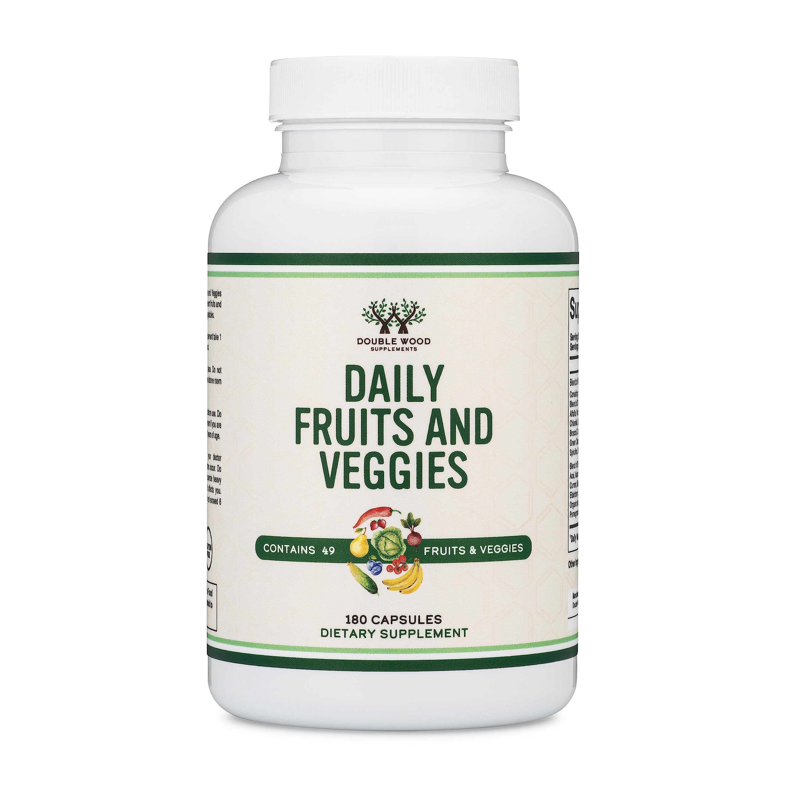 Fruits and Veggies Supplement (Daily Blend of 49 Different Fruits and Vegetables, 23 Veggies and 29 Fruits) 1,500mg Servings, 180 Capsules (No Fillers, Vegan Safe, Non-GMO) by Double Wood