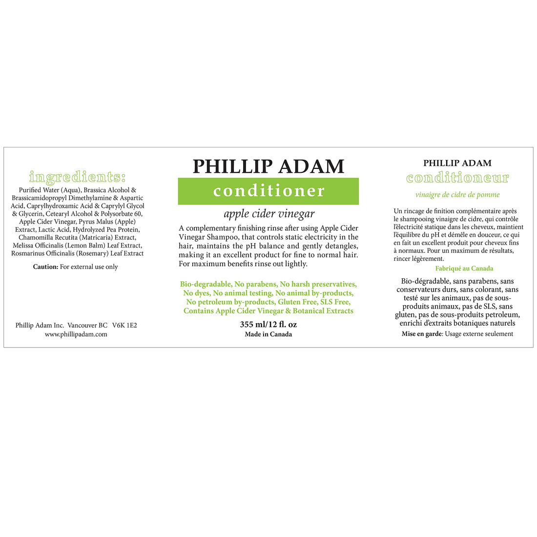 Phillip Adam Apple Cider Vinegar Conditioner for Shiny Hair - No Harsh Preservatives - For All Hair Types - 12 Ounce