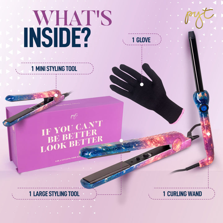 PYT Lola Styling Tools Set - Galaxy Design (Includes 1.25 Ceramic Straightener, Mini Flat Iron & Curling Wand)