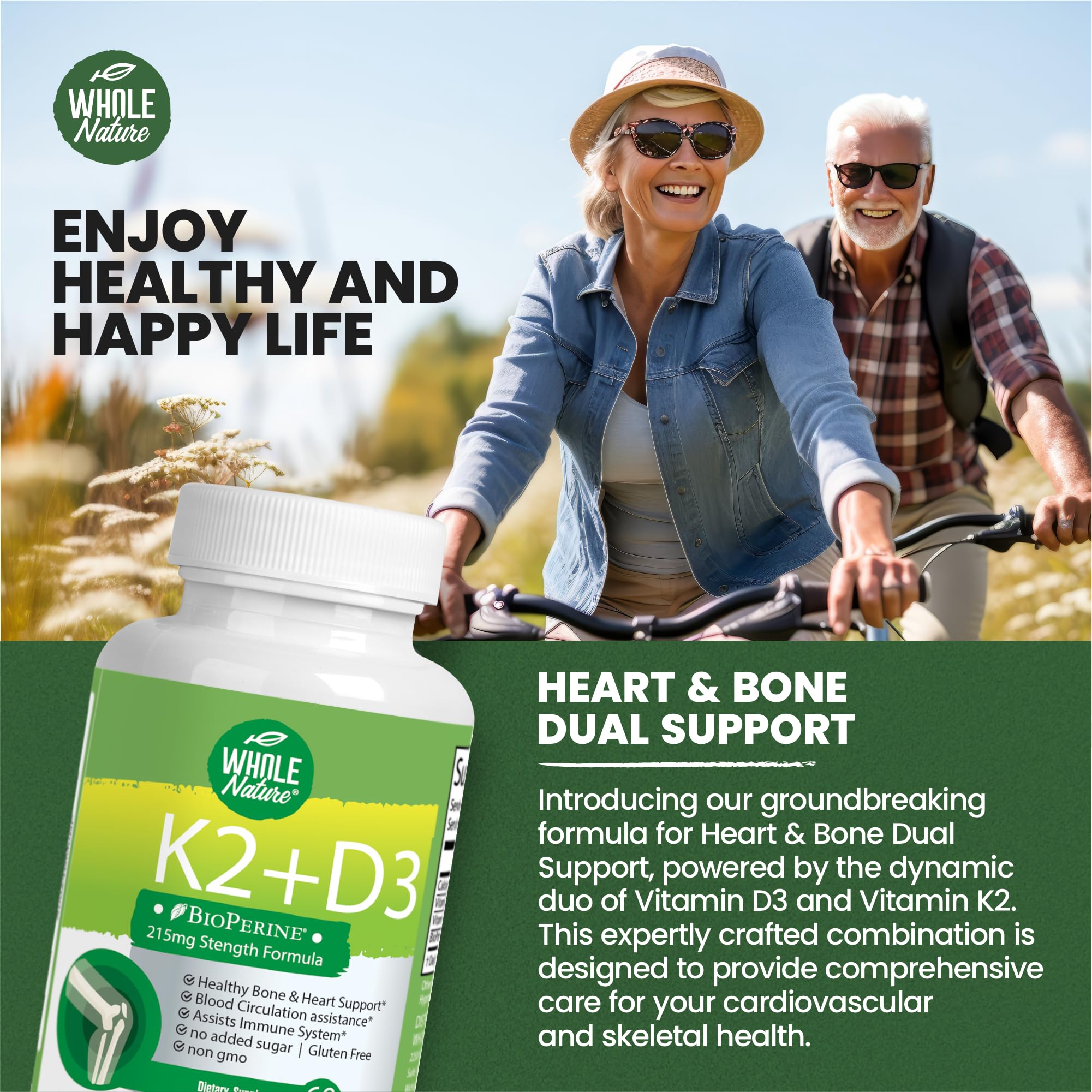 K2 D3 Vitamin Supplement with BioPerine - Vegan Calcium with Vitamins K and D - Advanced D3K2 VIT 5000 IU - 60 Vegan D3 Plus K2 MK-7 Complex Nutritional Capsules for Heart & Bone Health (1