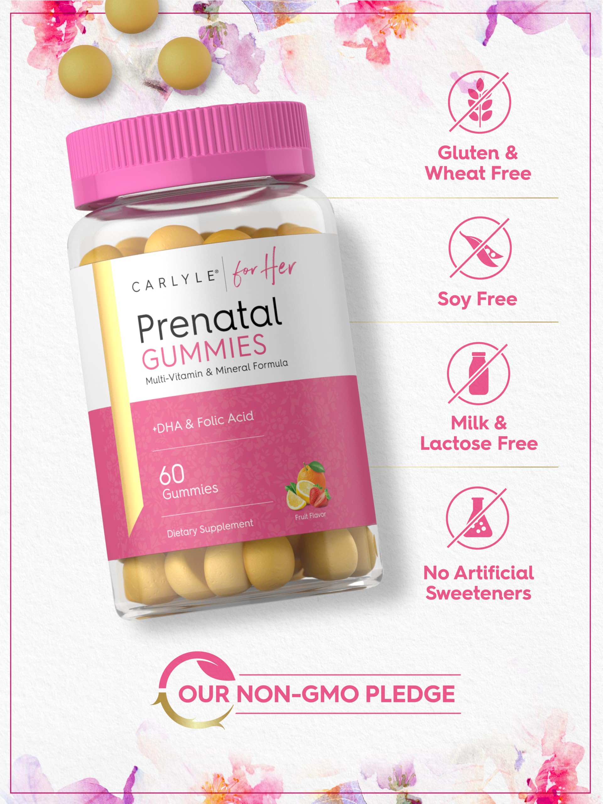 Carlyle Prenatal Gummies for Women | with DHA & Folic Acid | 60 Count | Fruit Flavor | Non-GMO, Gluten Free Supplement | for Her