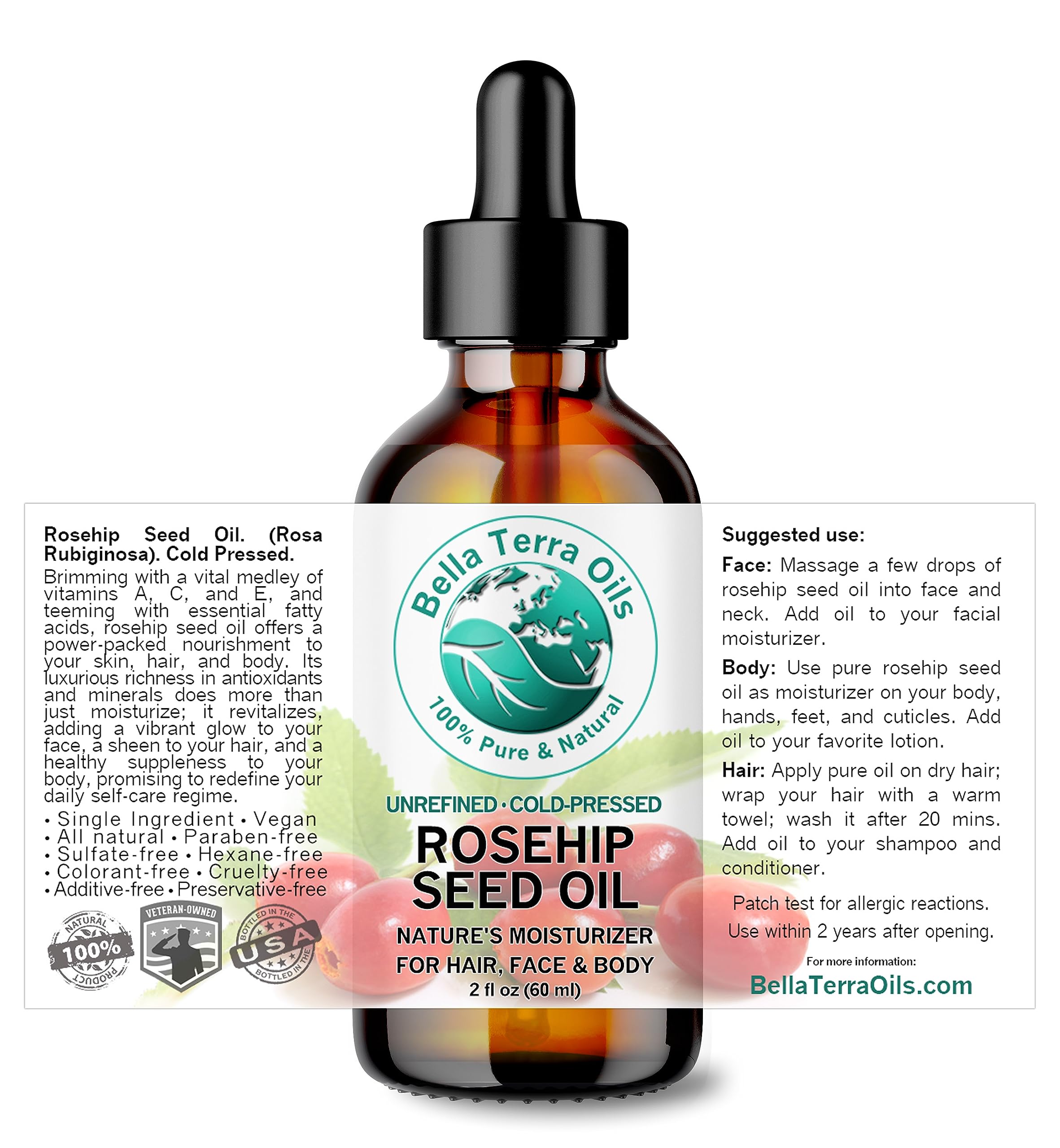 Rosehip Seed Oil 2 oz. 100% Pure. Cold-pressed. Unrefined. Organic. Natural. - Bella Terra Oils