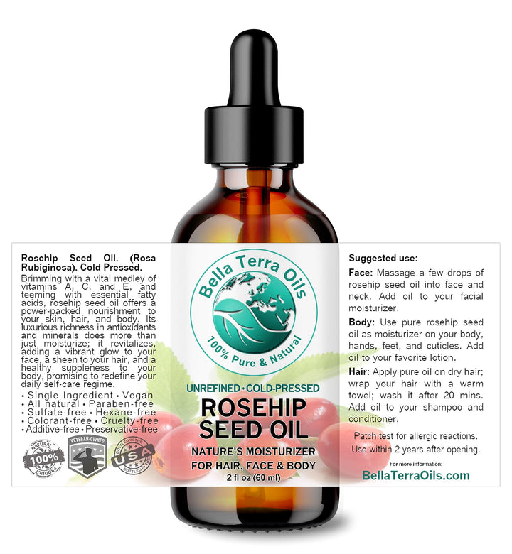 Rosehip Seed Oil 2 oz. 100% Pure. Cold-pressed. Unrefined. Organic. Natural. - Bella Terra Oils