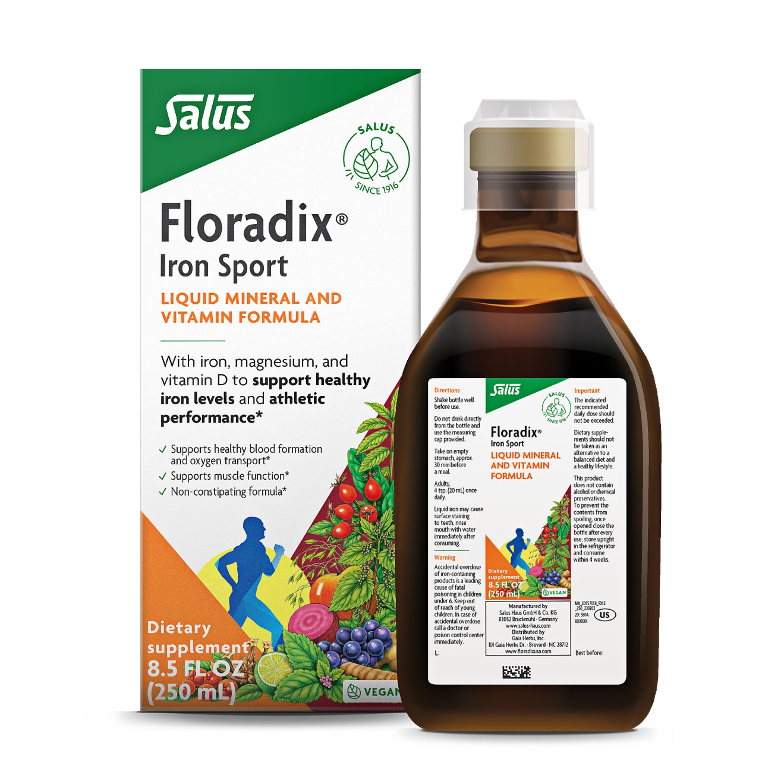 Floradix Iron Sport Liquid Mineral & Vitamin Formula - Daily Vitamin for Nutritional & Energy Support - Sports Nutrition with Gentle Iron, B Vitamins & More - Vegan & Non-GMO - 8.5 fl oz