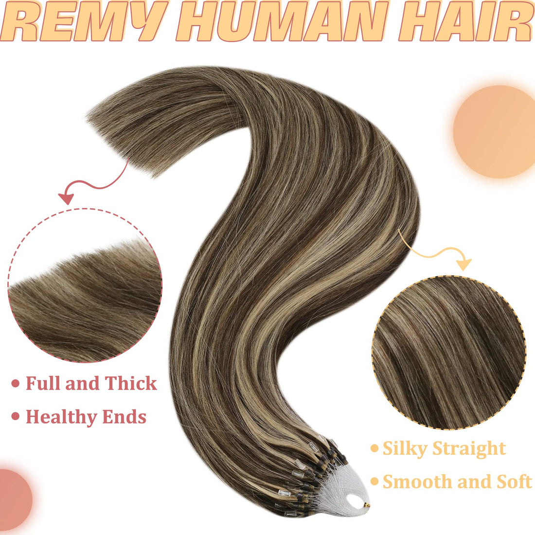 16, Dark Brown With Caramel Blonde: Youngsee Remy Human Hair Micro Loop Real Hair Extensions Dark Brown Mixed With Caramel Blonde Silkly Straight Micro Ring Link Human Hair Ex