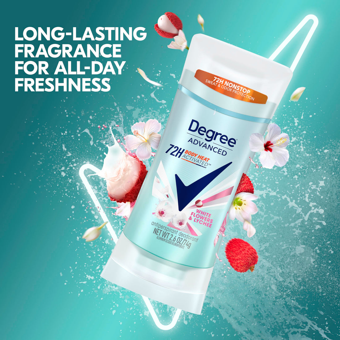 Degree Advanced Protection Antiperspirant Deodorant White Flowers & Lychee for 72-Hour Sweat & Odor Control for Women, with Body Heat Activated Technology, 2.6 oz