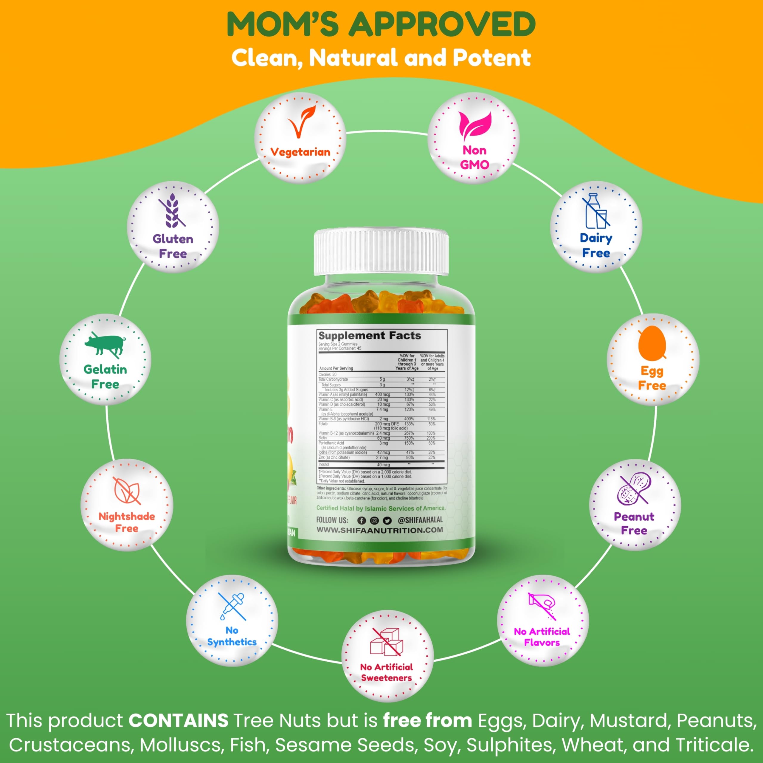 SHIFAA NUTRITION Halal Kids Multivitamin Gummies, 45-90 Days Supply, with All Essential Kids Vitamins. Toddler Vitamins with Vitamin C, D, Zinc, A, E, B6, B12, Biotin | Halal Gummy Vitamins for Kids
