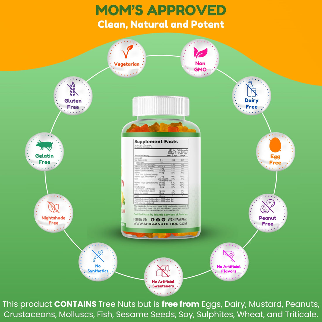 SHIFAA NUTRITION Halal Kids Multivitamin Gummies, 45-90 Days Supply, with All Essential Kids Vitamins. Toddler Vitamins with Vitamin C, D, Zinc, A, E, B6, B12, Biotin | Halal Gummy Vitamins for Kids