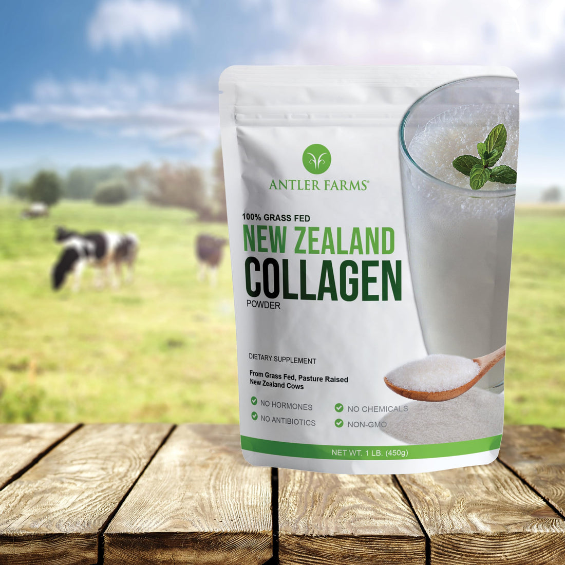 Antler Farms - 100% Pure New Zealand Collagen Powder from Grass Fed Cows, Unflavored, 1 lb - Hydrolyzed Cold Water Soluble Peptides, Keto Friendly, Bioavailable, Quick Dissolving