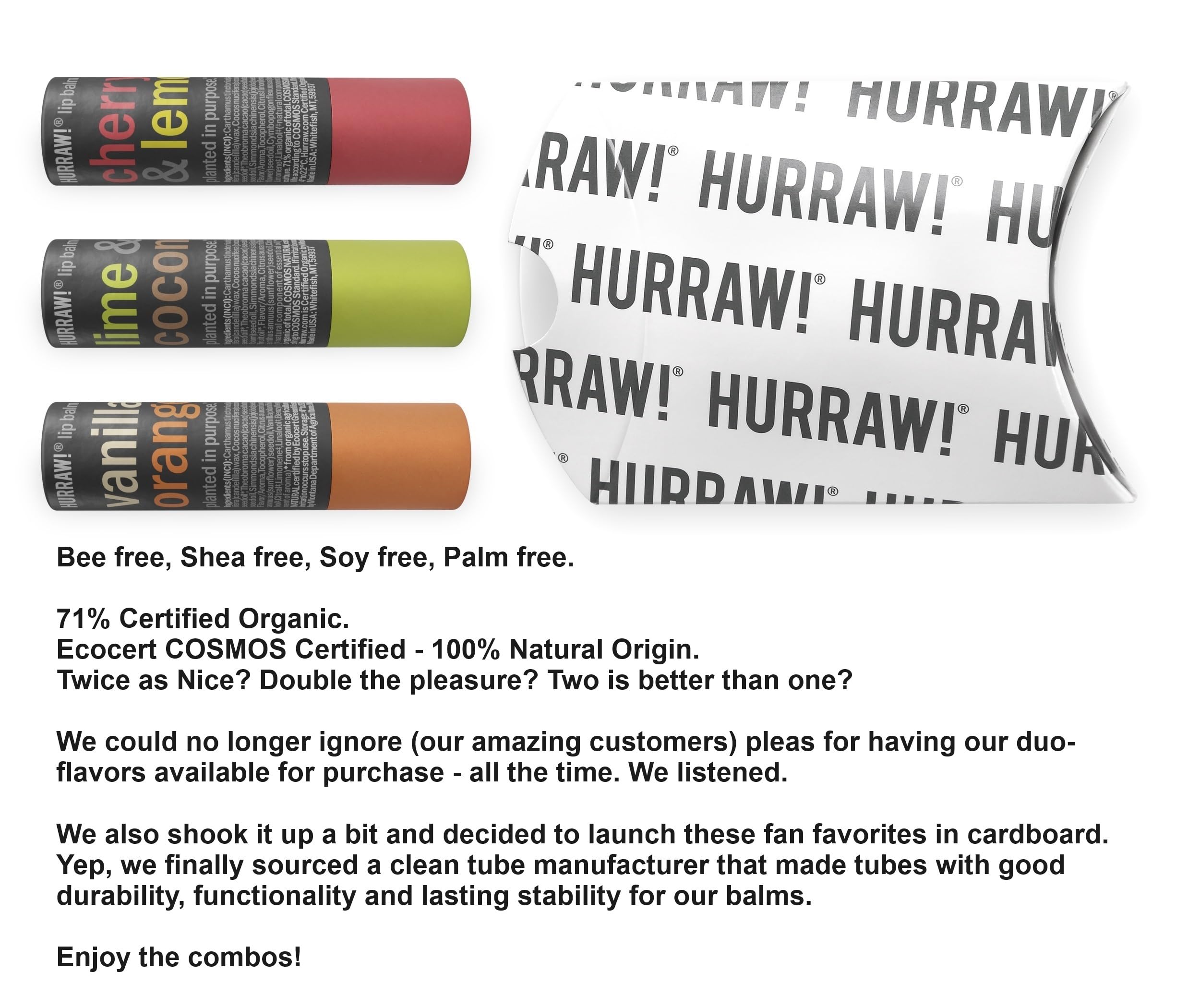 Hurraw! Cherry Lemon, Lime Coconut, and Vanilla Orange Lip Balm 3 Pack Bundle: Plastic-Free with new cardboard push-up tube. Certified Organic, Natural & Vegan. Bee, Shea, Soy & Palm Free. Made in USA