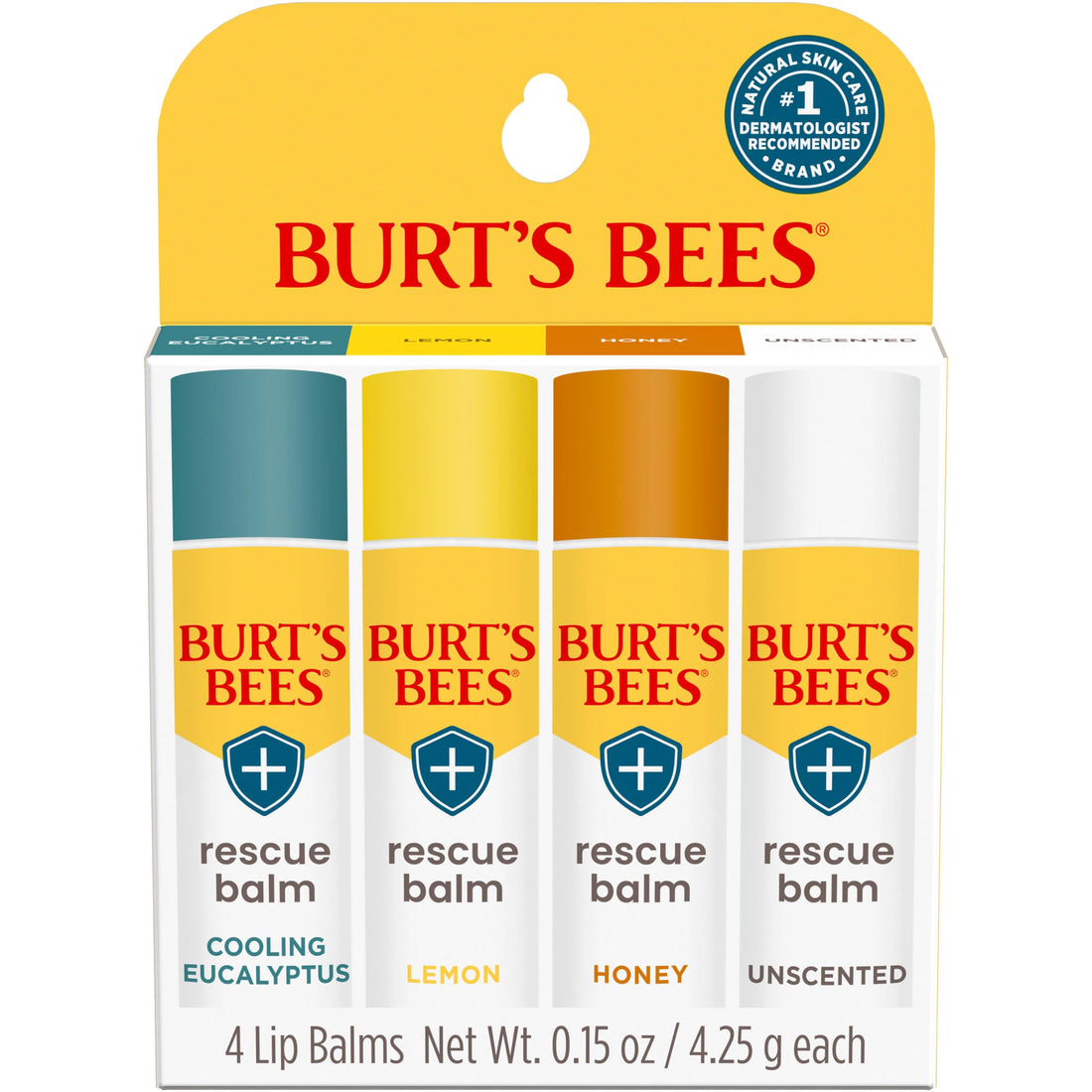 Burt's Bees 100% Natural Rescue Lip Balm, Cooling Eucalyptus, Lemon, Honey, Unscented, Pack of 4, 4.25 Each