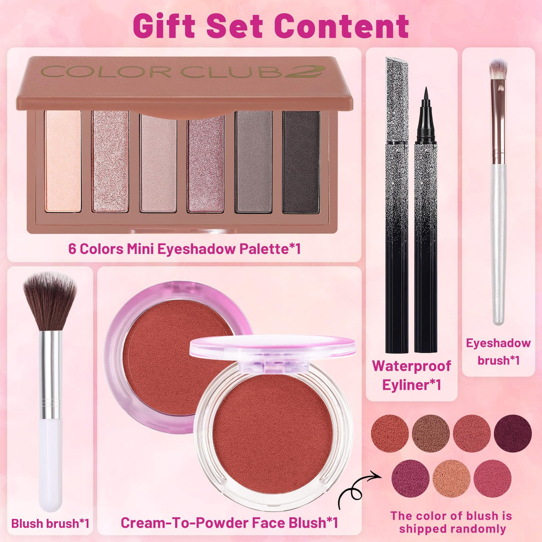 Makeup Kit for Women Full Kit All In One Make up Gift Set for Teens Girls Including 6 Colors Mini Naked Eyeshadow Palette, Cream-To-Powder Matte Face Blush, Waterproof Eyeliner, 2PCS Brushes 02