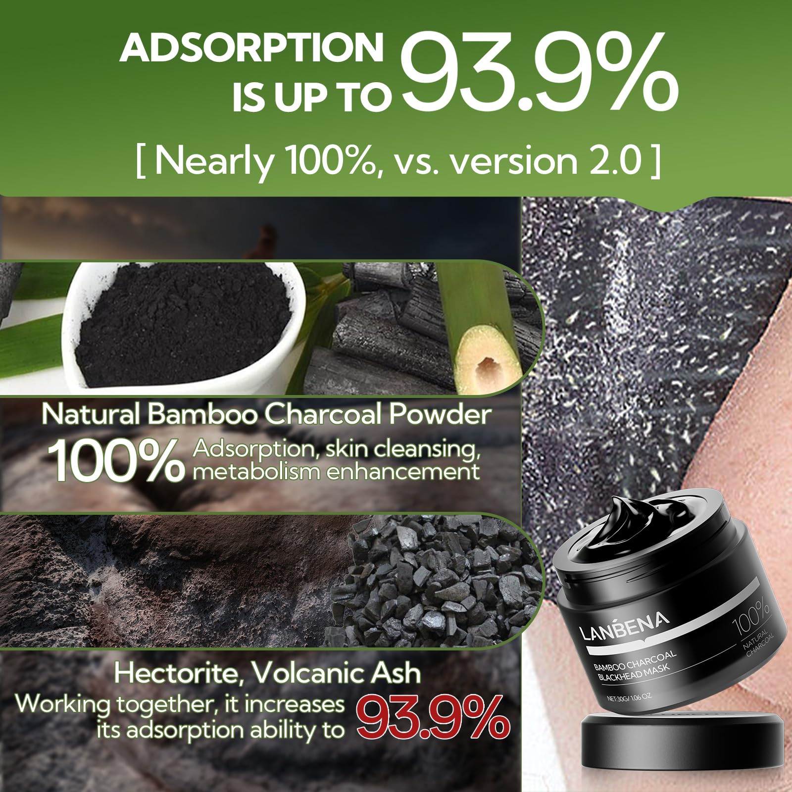 LANBENA 2 PCS Pore Strips, 2% BHA(Salicylic Acid) Nose Pore Strips 2.0 + Bamboo Charcoal Blackheads Remover Peel off Mask 3.0, Plants Pore Cleanser Purifying, added Amazonian White Clay, Oil Contro