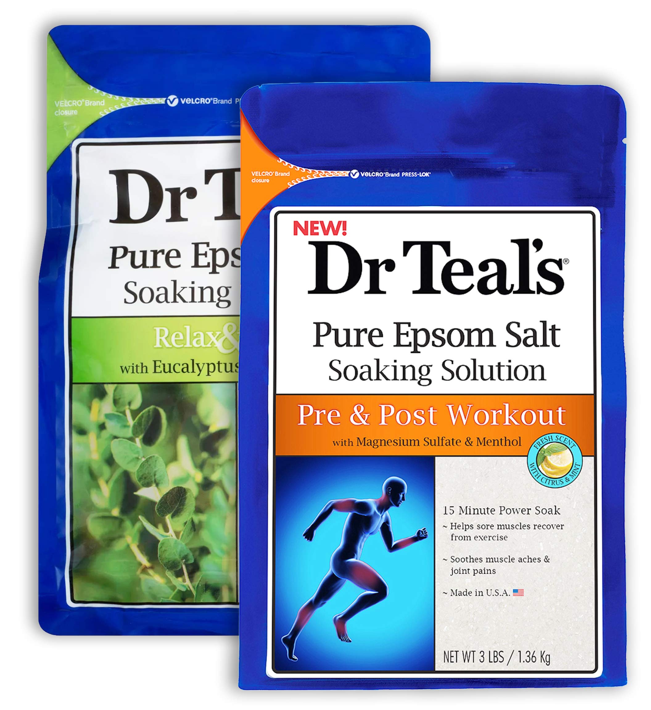 Dr Teal's Epsom Salt Bath Combo Pack (6 lbs Total), Relax & Relief with Eucalyptus & Spearmint, and Pre and Post Workout with Magnesium Sulfate and Menthol