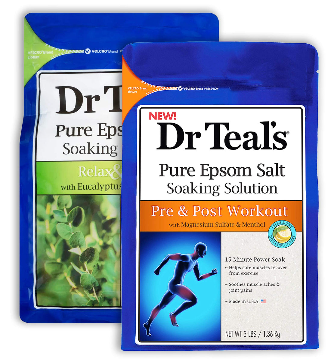 Dr Teal's Epsom Salt Bath Combo Pack (6 lbs Total), Relax & Relief with Eucalyptus & Spearmint, and Pre and Post Workout with Magnesium Sulfate and Menthol