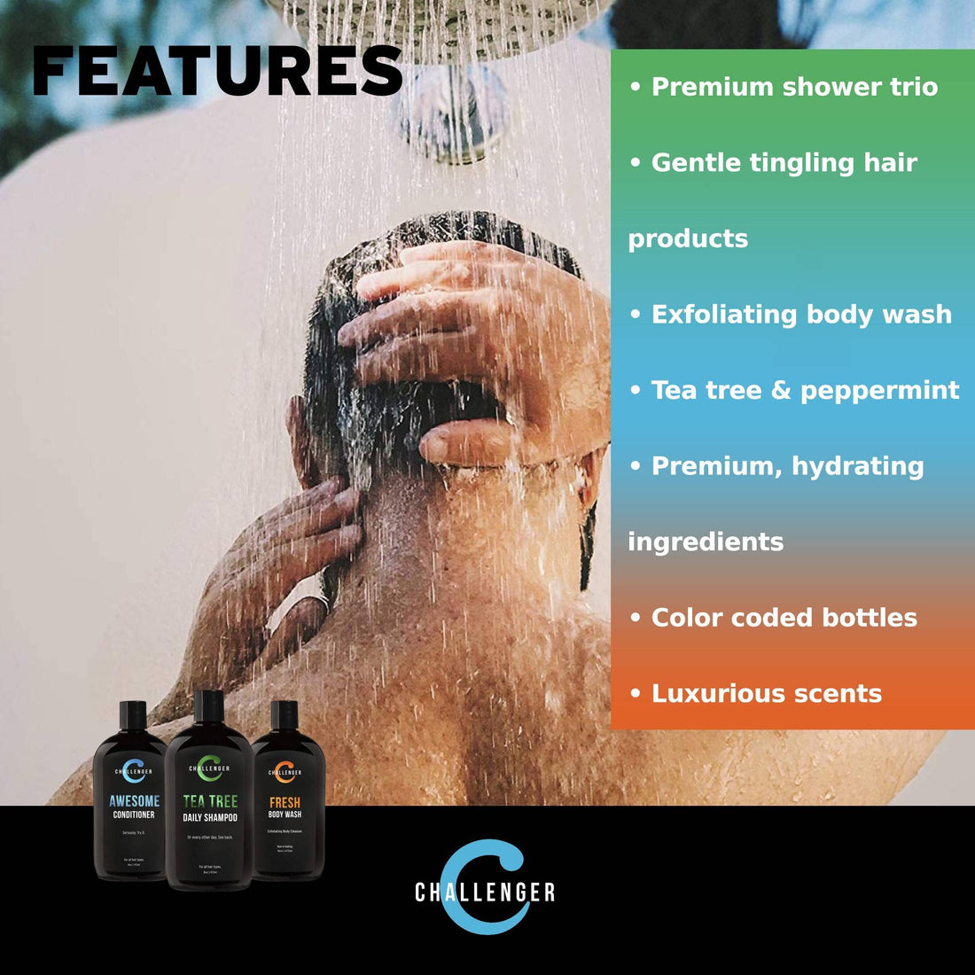 Challenger Men’s Tea Tree Shampoo, Conditioner, & Fresh Body Wash Trio, 3X 16 Oz Bottles | Sulfate Free w/ Vitamins, Argan Oil, Biotin | Keratin, Vitamin C, Vitamin D, Protein, No Artificial Colors