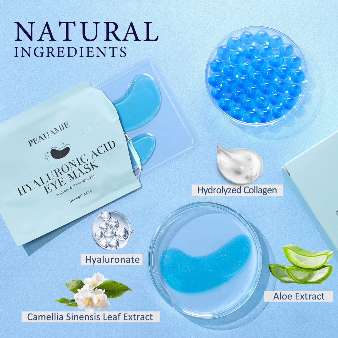 PEAUAMIE Under Eye Patchs Hyaluronic Acid Eye Mask for Dark Circles and Puffiness Wrinkle Eye Bags 30 Pairs