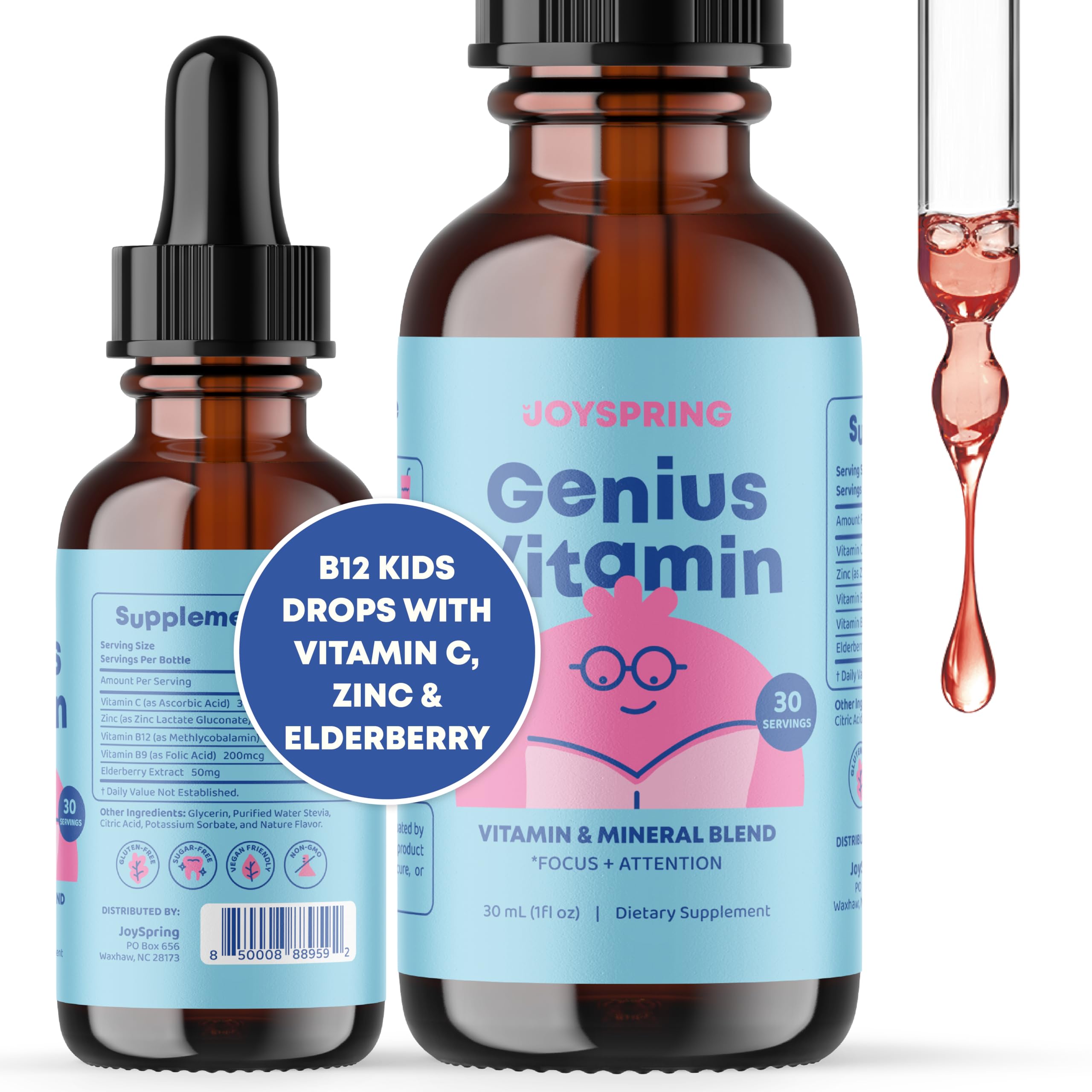 JoySpring Kids B Complex | Vitamin B Complex Liquid Drops with Elderberry, Zinc & Vitamin C | Support for Overall Wellness (1 fl oz) 30 Servings
