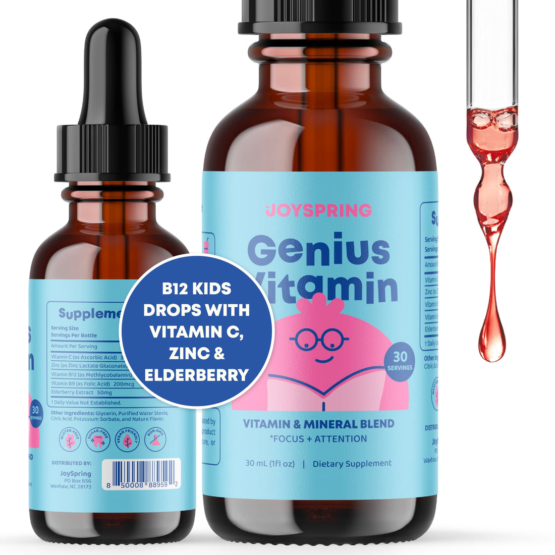 JoySpring Kids B Complex | Vitamin B Complex Liquid Drops with Elderberry, Zinc & Vitamin C | Support for Overall Wellness (1 fl oz) 30 Servings