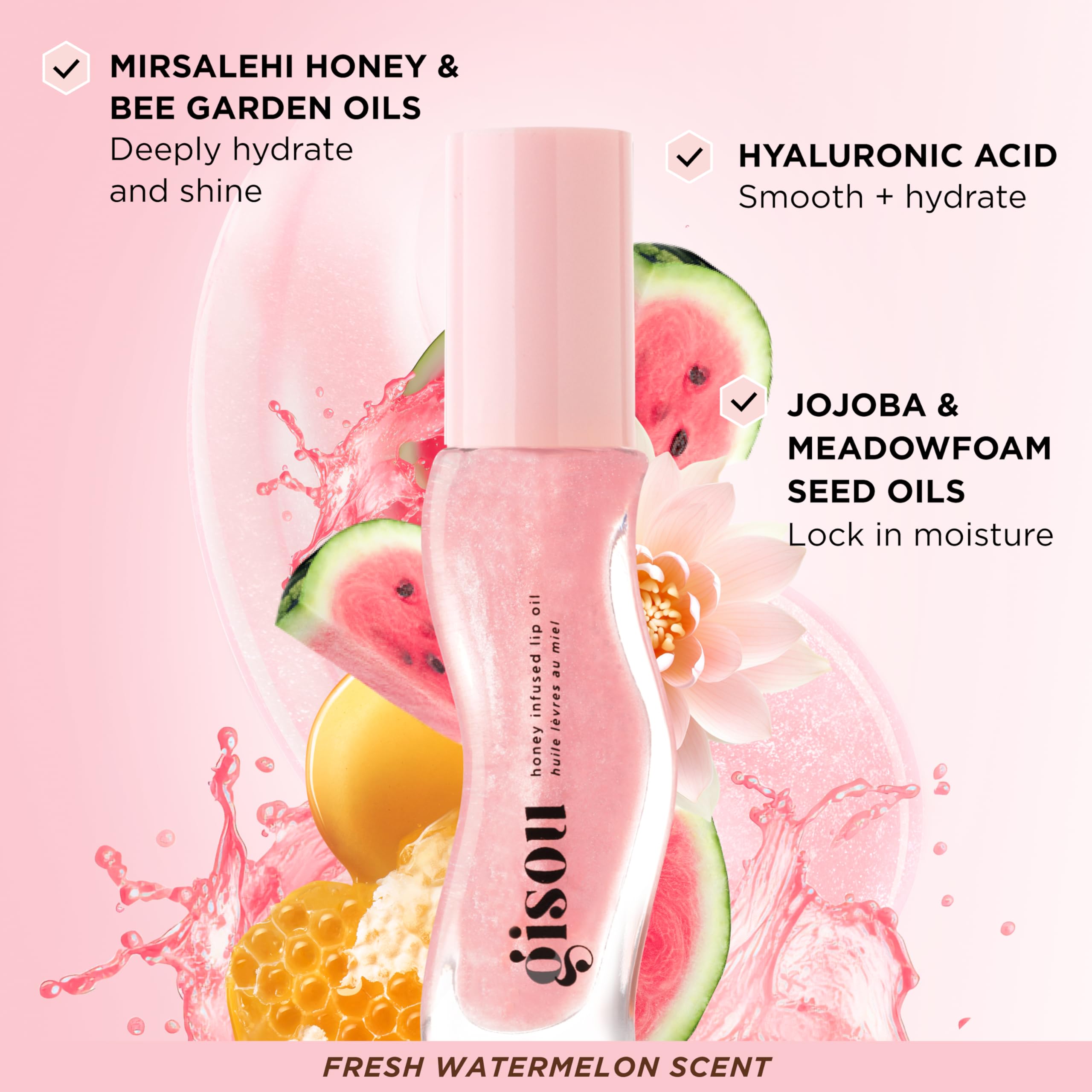 Gisou Honey Infused Hydrating Lip Oil, Nourishing Lip Moisturizer for Dry Lips, 0.27 fl oz (Watermelon Sugar)