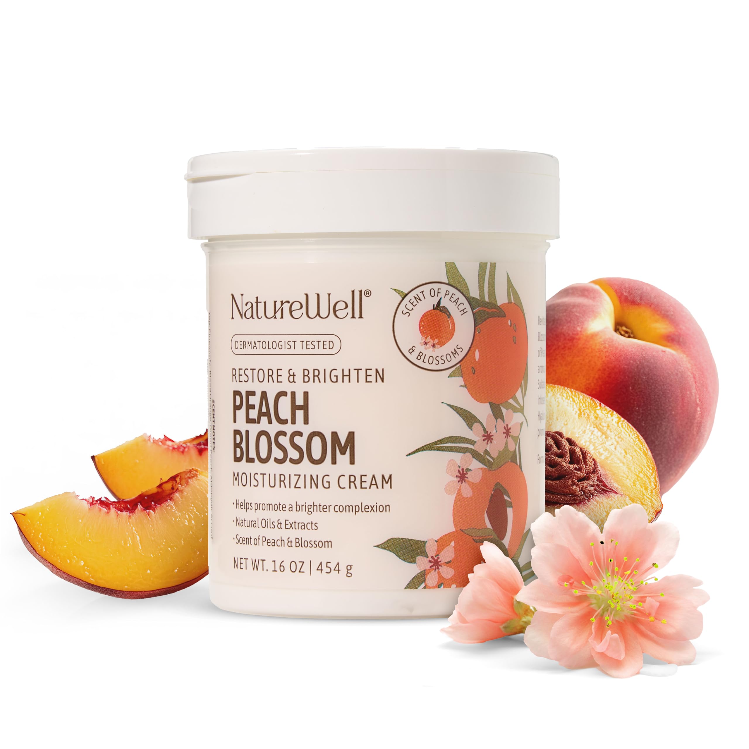 NATURE WELL Peach Blossom Restore & Brighten Moisturizing Cream For Face & Body, Infused With Peach Extract, Niacinamide, & Hyaluronic Acid, Promotes A Brighter Complexion, 16 Oz.