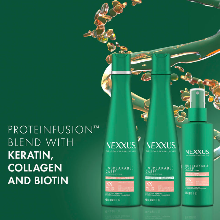 Nexxus Unbreakable Care Shampoo Conditioner and Leave-In Spray 3 Pack For Fine and Thin Hair with Keratin Collagen Biotin 13.5 oz 6 oz