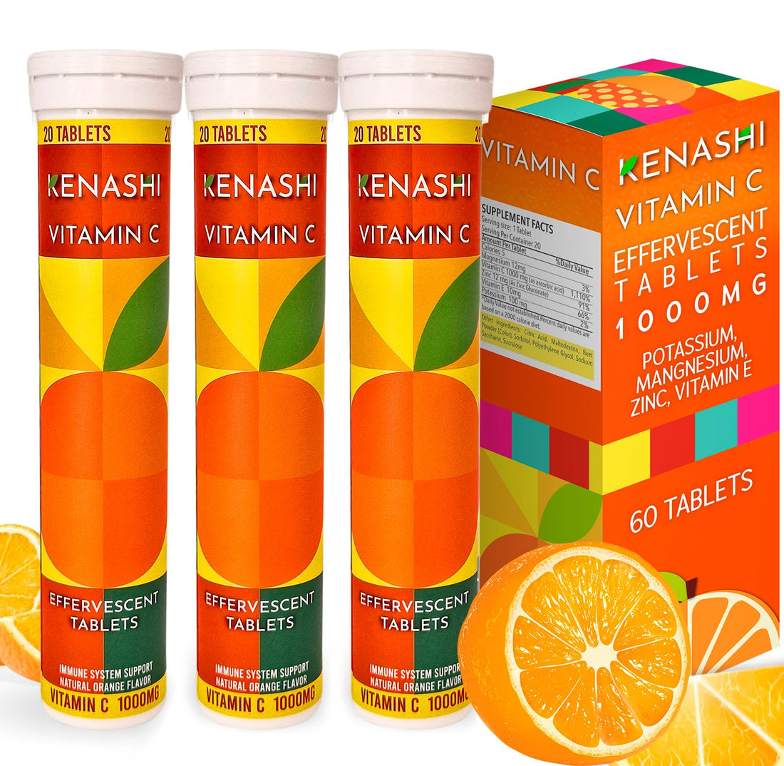 Kenashi Vitamin C Effervescent Tablets 1000mg with Magnesium Zinc Vitamin E & Potassium Vitamina C Efervescente 60 Tables 3 Pack