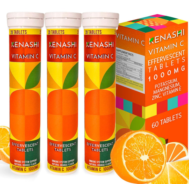 Kenashi Vitamin C Effervescent Tablets 1000mg with Magnesium Zinc Vitamin E & Potassium Vitamina C Efervescente 60 Tables 3 Pack