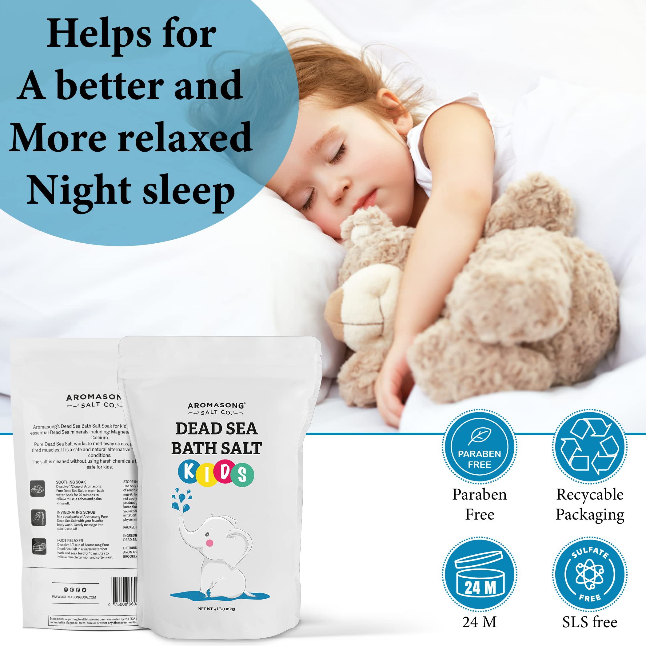 Aromasong Dead Sea Salt for Kids Bath Soak, 4 Lbs. Fine Grain Large Bulk resealable Pack, 100% Pure & Natural.