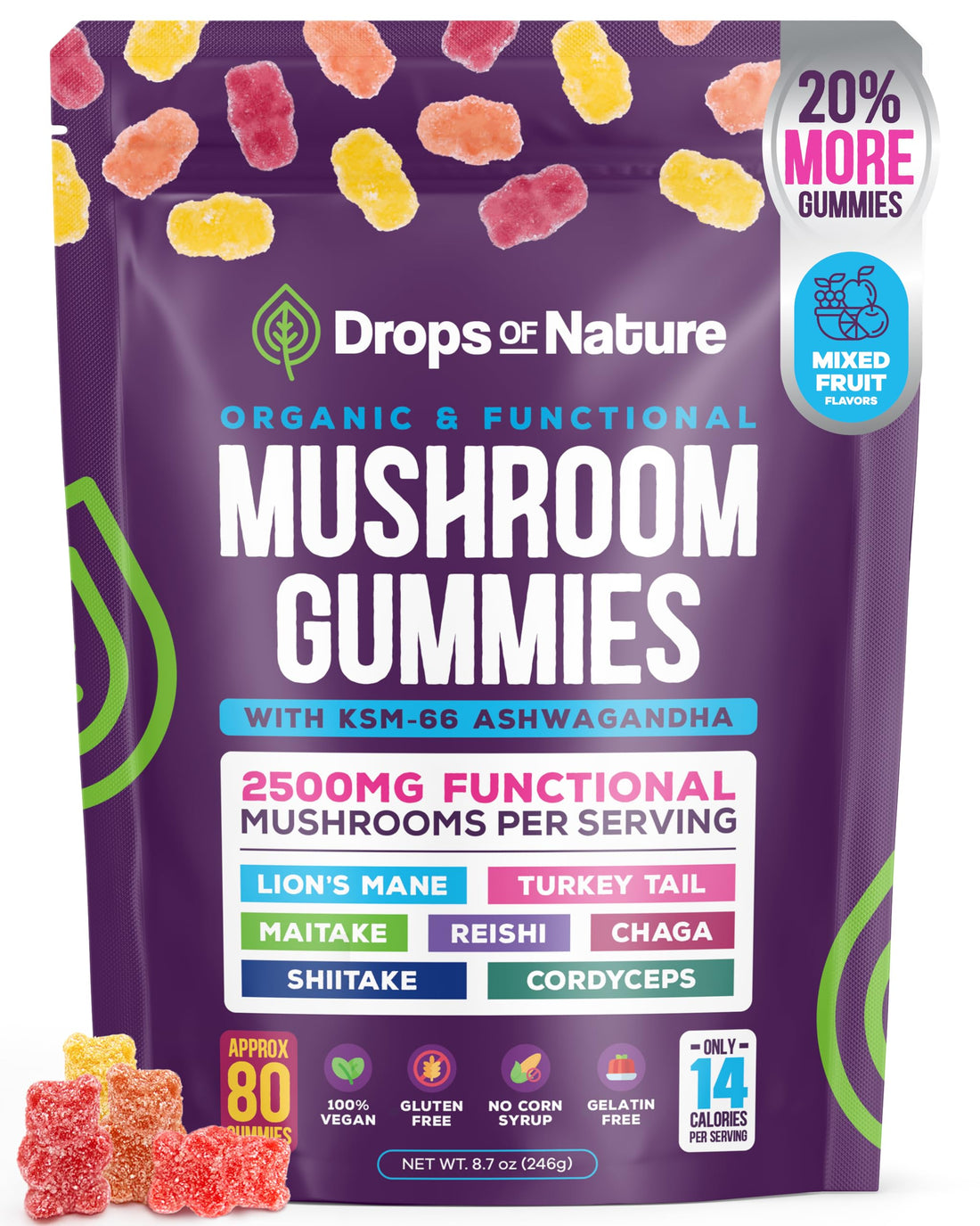 Ashwagandha and Lions Mane Mushroom Supplement Gummies - Organic - Reishi, Cordyceps, Turkey Tail, Maitake, Shitake, Chaga - Immune Defense, Boosts Cognitive Performance, Vegan, Low Carb