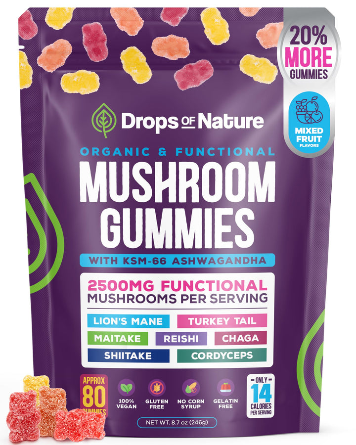 Ashwagandha and Lions Mane Mushroom Supplement Gummies - Organic - Reishi, Cordyceps, Turkey Tail, Maitake, Shitake, Chaga - Immune Defense, Boosts Cognitive Performance, Vegan, Low Carb