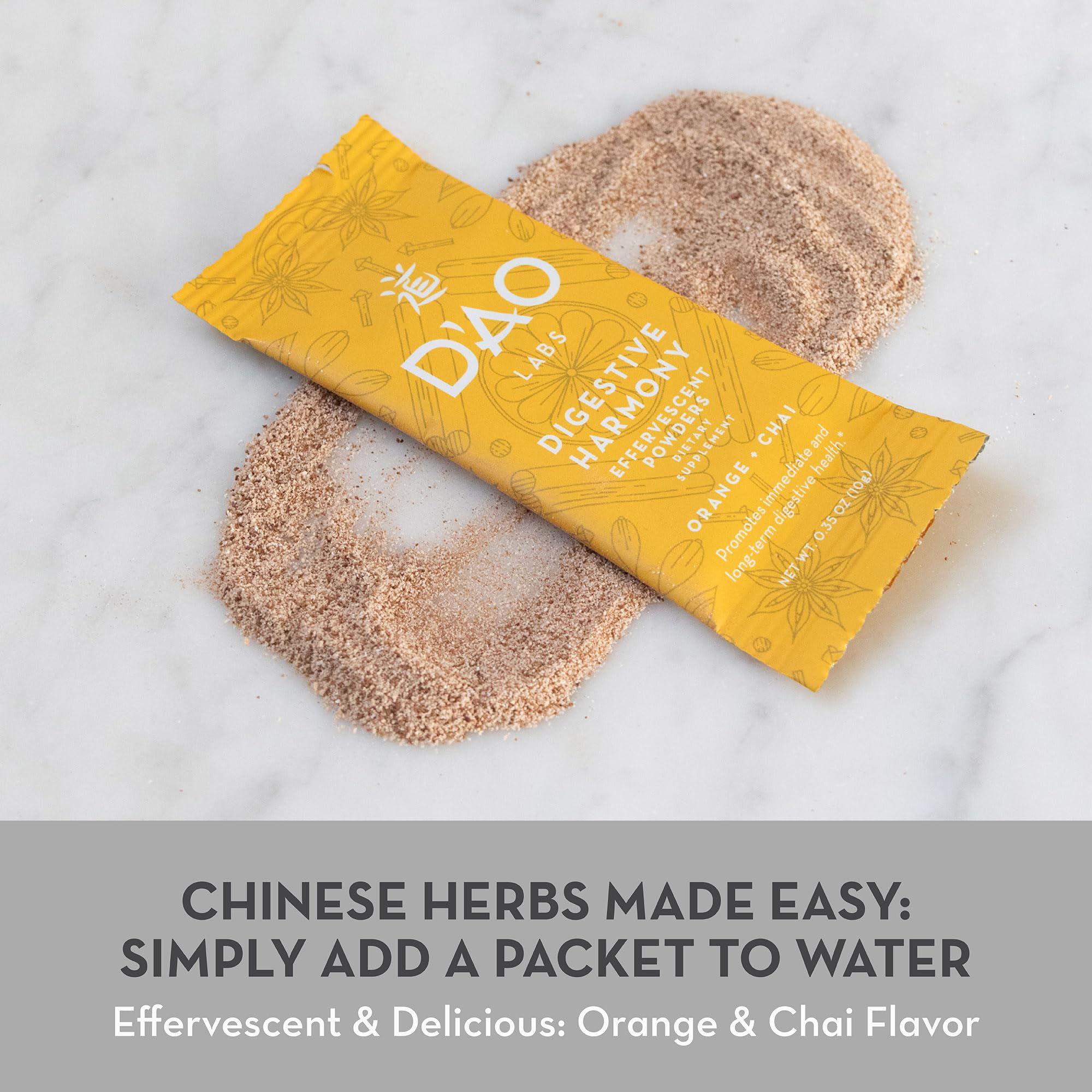 D'AO Labs Digestive Harmony - Organic Digestive Enzymes - Traditional Chinese Herbs & Chai Powder - Orange-Chai Flavor - Preserve Harmony Decoction (Bao He Wan) - 20 Individual Servings