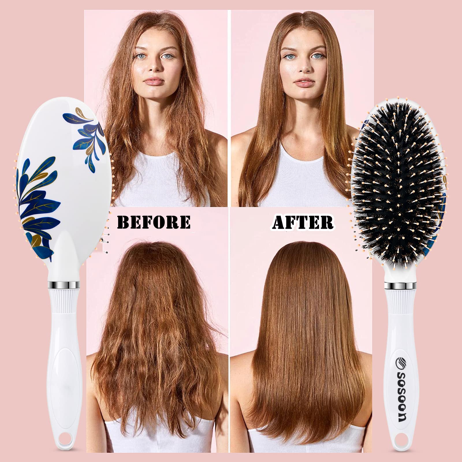 Hair Brush, Boar Bristle Hair Brushes for Women Kids Thick Curly Wet Dry Hair, Smoothing Detangling Hairbrush Adds Shine and Improves Hair Texture, Hair Comb and Giftbox Included
