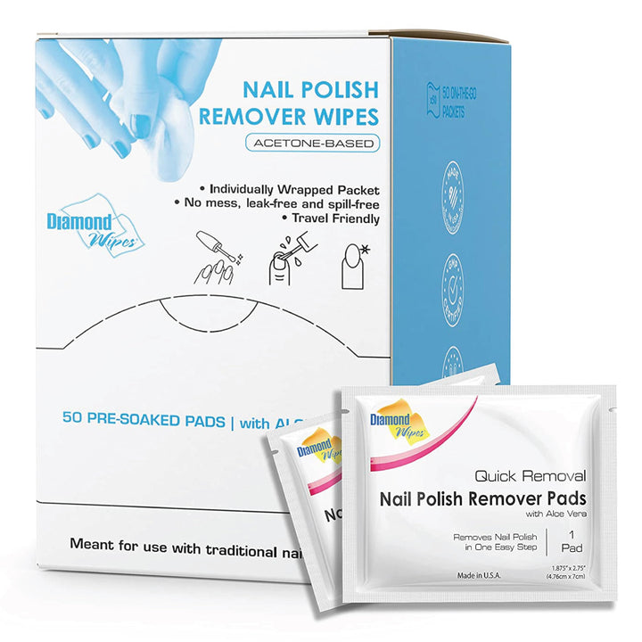 Diamond Wipes Nail Polish Remover Pads, Individually sealed packet, pre-soaked extra thick pad for travel - Pack of 50
