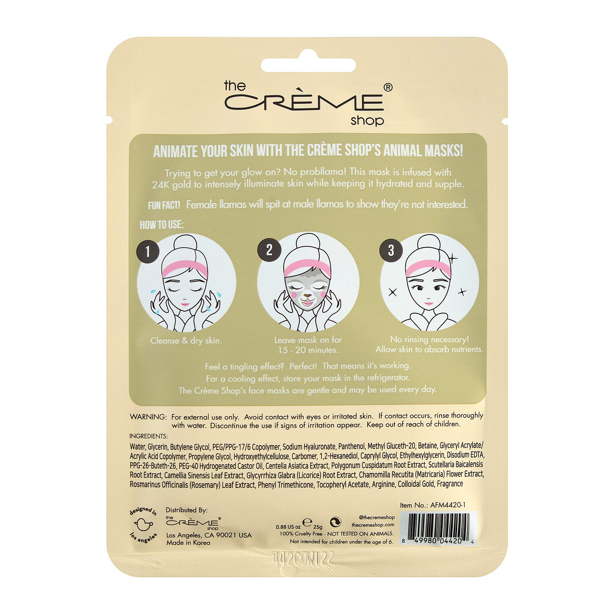 The Crème Shop Animal Sheet Mask, Korean, Hydrating, Collagen, Vitamin C, Anti-Aging - Pack of 3 (Llama)
