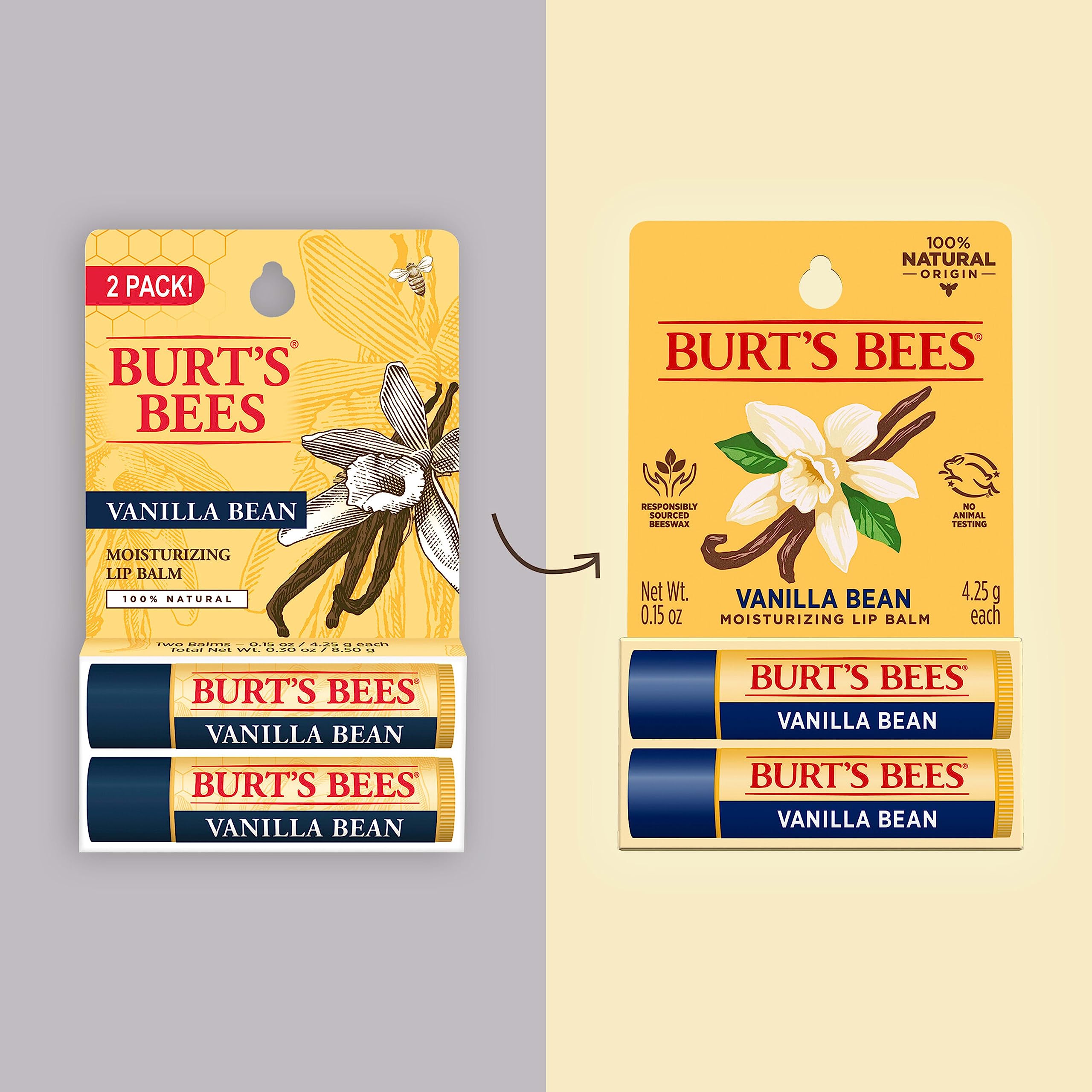 Burt's Bees Lip Balm - Vanilla Bean, Lip Moisturizer With Responsibly Sourced Beeswax, Tint-Free, Natural Origin Conditioning Treatment, 2 Tubes, 0.15 oz.