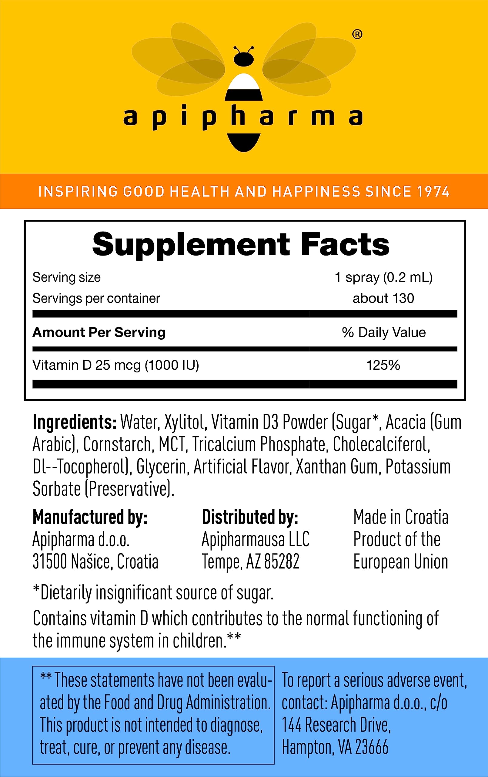 apipharma Children's Vitamin D3 Supplement Spray - Easy to Use D3 Spray for Kids - Natural Multivitamin Spray with Immune Support, Pharmacist Developed (130 Sprays)