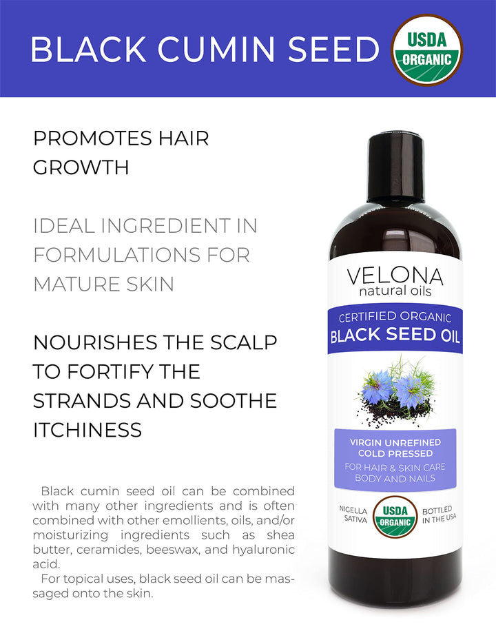 velona Black Cumin Seed Oil USDA Certified Organic - 16 oz | 100% Pure and Natural Carrier Oil | Unrefined, Cold Pressed