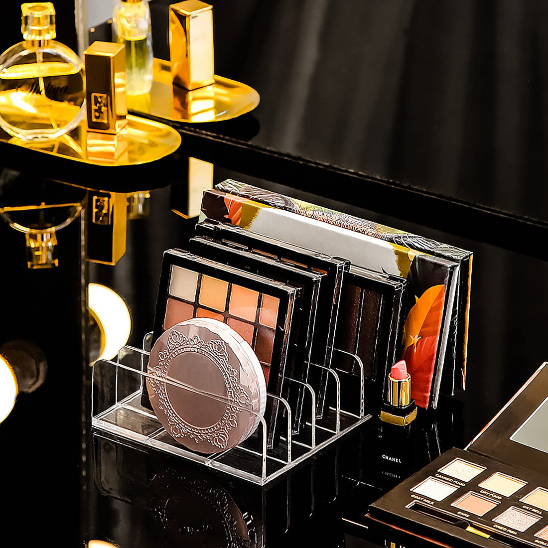 JessLab Eyeshadow Palette Makeup Organizer, Acrylic 7-Section Divided Make up Organizers and storage for Bathroom Vanity Countertop, Transparent, L