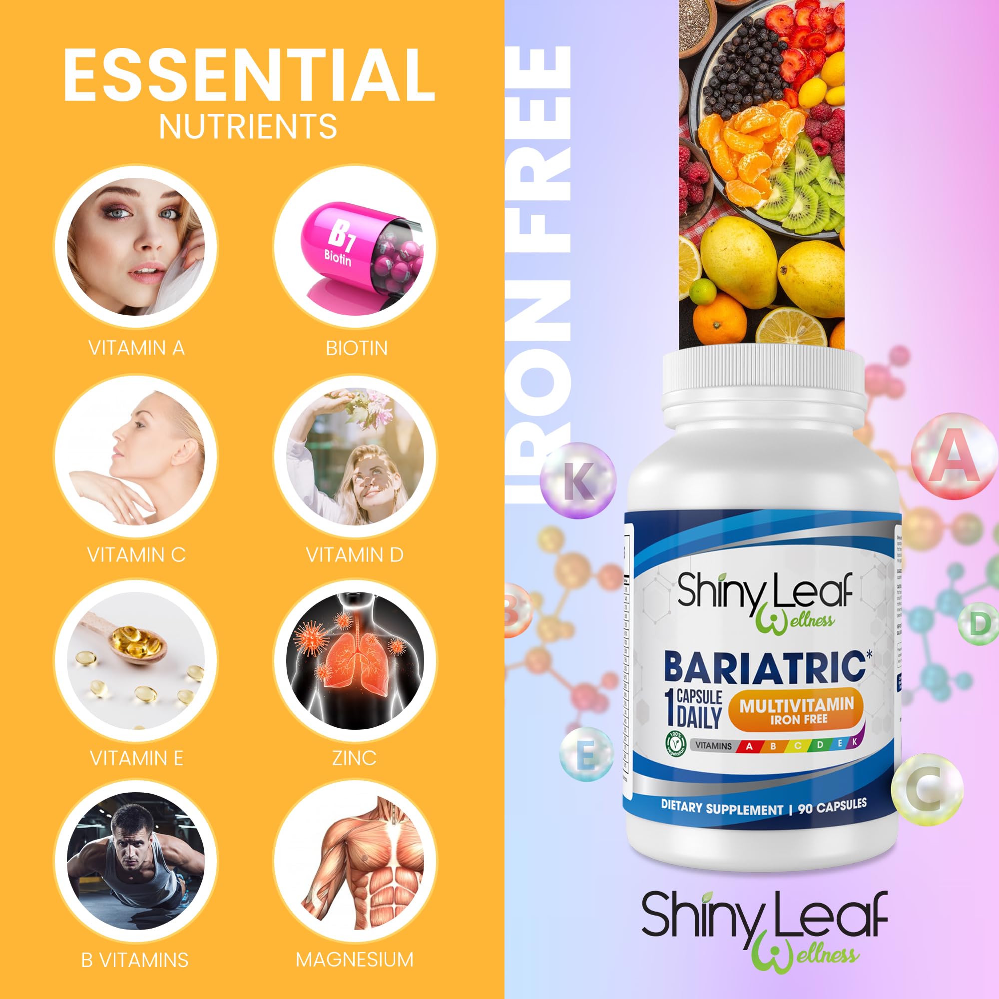 Shiny Leaf Bariatric Multivitamin Iron-Free Capsules for Post Bariatric Surgery Patients, Once Daily Bariatric Vitamins Without Iron for WLS, Sleeve, Gastric Bypass Surgery (3 Months / 90 Caps)